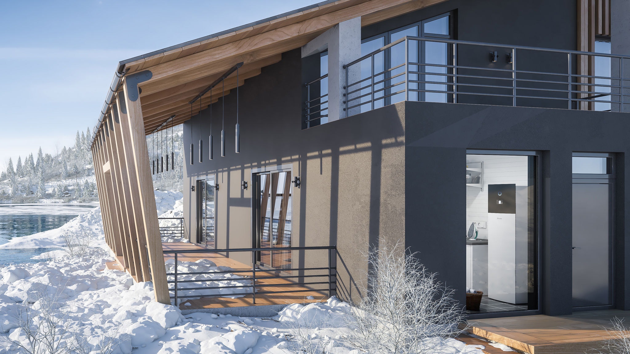 Modernes Haus in einer Schneelandschaft, perfekt beheizt mit Daikin Geräten