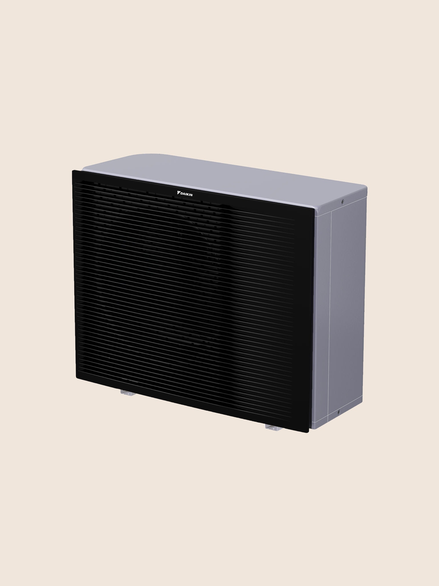 Blick von vorne rechts auf das Außengerät einer Daikin Altherma 3 R MT W Luft-Wasser-Mitteltemperatur-Wärmepumpe